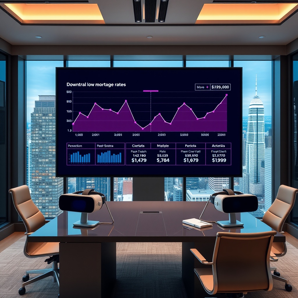 "A contemporary, sleek real estate office setting, showcasing a large digital display with dynamic charts showing downward trends in mortgage rates and futuristic tech like VR headsets and AI platforms on desks. The display stands against a backdrop that subtly features a bustling city skyline. This office scene represents a tech-driven approach to capitalizing on low mortgage rates for robust real estate growth, catered to appeal to forward-thinking real estate professionals."