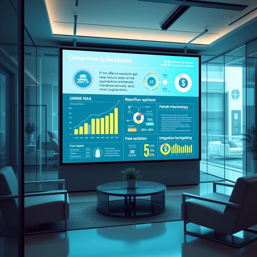 "A dynamic office environment featuring a sleek, large digital display showing futuristic real estate statistics and trends with Ginnie Mae and Dogecoin integrations. The screen includes graphs and futuristic infographics that illustrate significant growth and innovative payment options in real estate sectors due to blockchain technology. The scene is set in a high-tech office with glass walls and minimalistic furniture, highlighting a modern and revolutionary approach to real estate. The image should evoke a sense of innovation, with a sharp, clean, and professional appearance, appealing to tech-savvy investors and real estate professionals."