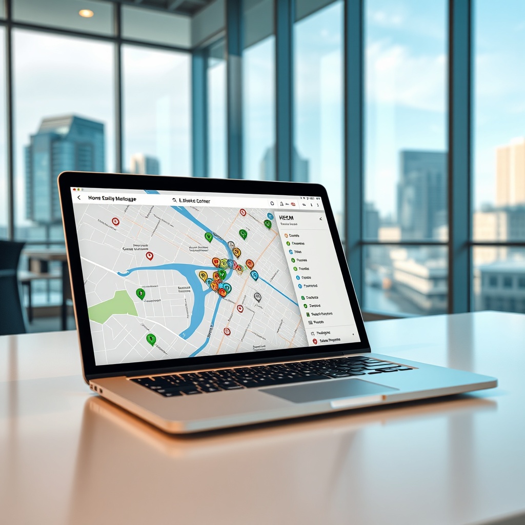 "A high-resolution image featuring a dynamic real estate office environment. The focal point is an open laptop on a sleek, contemporary desk displaying a sophisticated real estate application. The screen shows a detailed city map enriched with location data icons including schools, shopping areas, and public transportation routes, with a sidebar highlighting HECM (Home Equity Conversion Mortgage) benefits like increased purchasing power and financial planning tools. The background setting reveals a modern office with large windows showing an urban skyline, reflecting an atmosphere of innovation and forward-thinking in real estate."