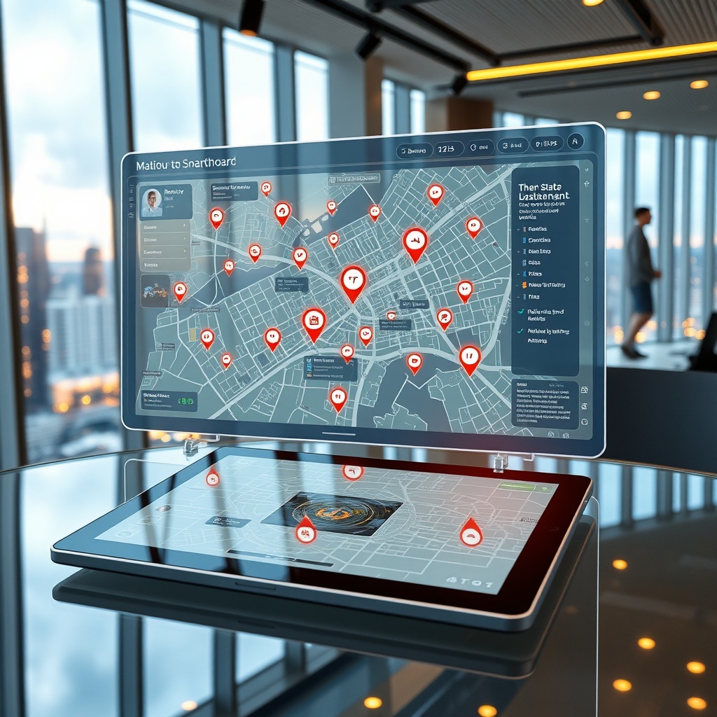 "A high-resolution image of a sleek, interactive digital real estate dashboard showing a futuristic smart city map. The map is enriched with dynamic icons for various amenities such as schools, bus stops, train stations, and cafe locations, with pulsing property markers indicating live data feeds. The foreground shows a tablet device resting on a glass table in a modern, spotlight-lit corporate office with panoramic windows overlooking a vibrant cityscape, embodying the future of real estate technology and data-driven decision making."