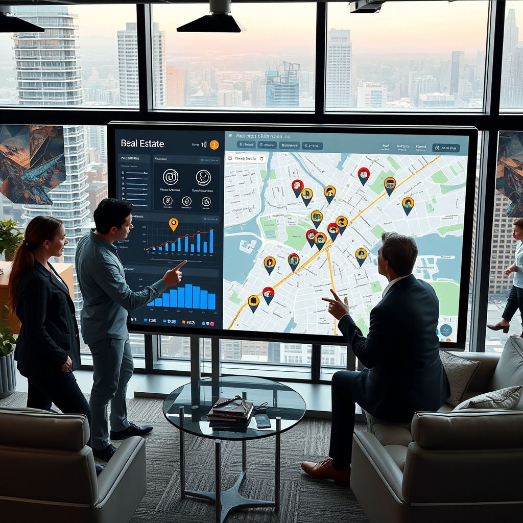 "A dynamic and visually appealing office environment, displaying a large digital screen with an advanced real estate analytics dashboard. The screen prominently shows a detailed interactive city map enriched with real-time geo-location data point overlays like schools, bus stops, restaurants, and multiple residential and commercial property markers. A group of real estate professionals, including a data analyst, a marketing strategist, and a broker, are engaging actively around the display, pointing and discussing strategic decisions. The office is styled with a modern, tech-forward aesthetic, featuring sleek furniture, large windows with a view of a bustling cityscape, and ambient tech-inspired artwork on the walls, symbolizing a fusion of technology and real estate expertise."