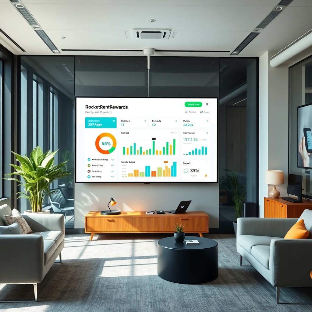 "A sleek and modern technology-driven office environment displaying a large digital screen showing the RocketRentRewards app interface. The app features a user-friendly dashboard with progress bars and icons, visually tracking a renter's journey towards homeownership through savings and rewards. The office décor includes contemporary furniture and tech gadgets, embodying innovation and support. The scene is bright and welcoming, resonating with a sense of community and financial empowerment."