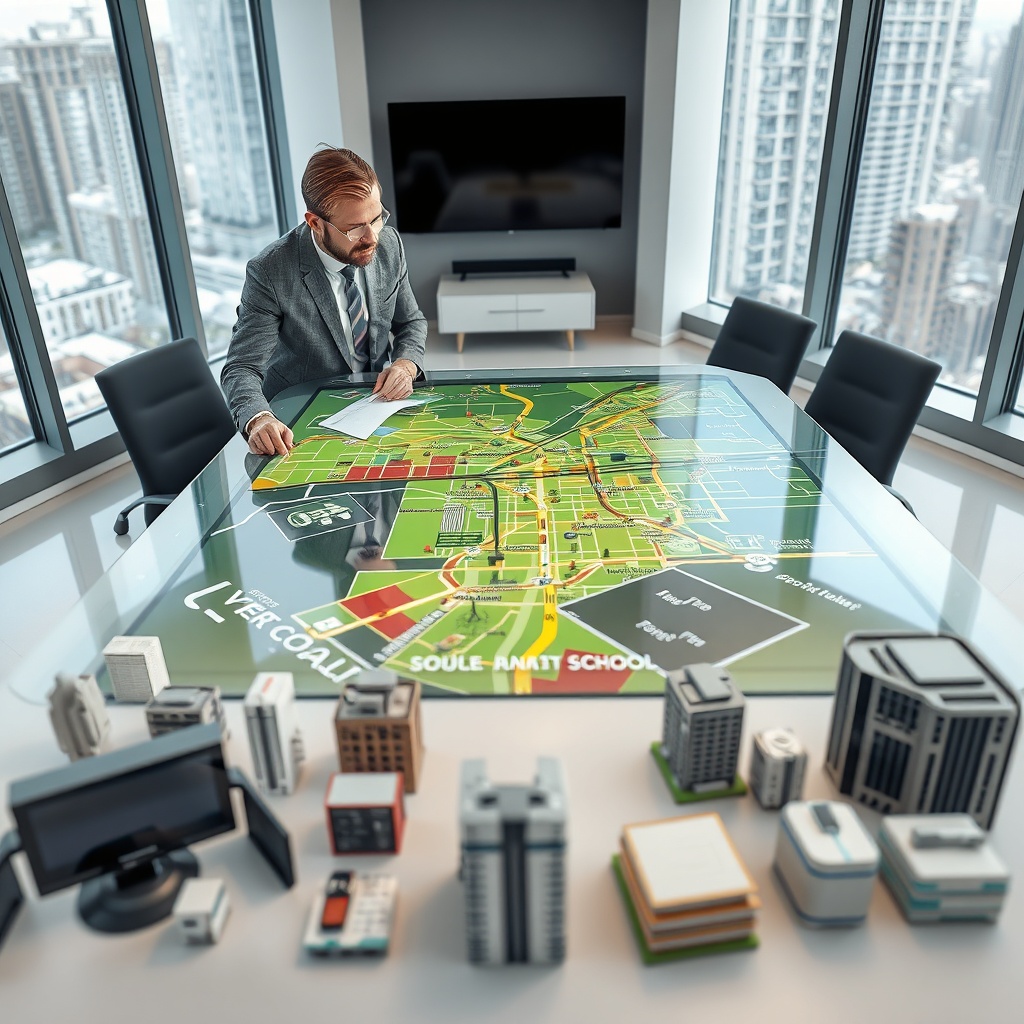 "A futuristic urban planning office with an architect and a real estate professional discussing a large interactive digital map displayed on a transparent touchscreen table. The map vividly highlights various amenities like schools, bus stops, and train stations using colorful, dynamic icons. Surrounding the table, high-tech gadgets and urban models depict a blend of traditional and cutting-edge real estate tools. This scene exudes a sense of innovation, precision, and professionalism, with a clean and technologically advanced atmosphere."