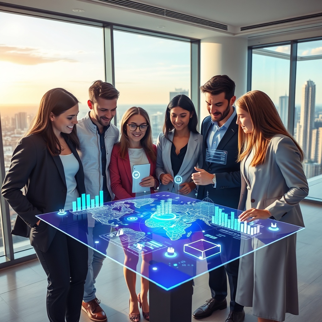 "A vivid depiction of an innovative real estate office environment featuring a young, diverse group of real estate professionals interacting around a transparent, futuristic holographic display. The display shows a dynamic, interactive map loaded with real-time data analytics indicating various real estate metrics such as property prices, demographic trends, and economic indicators. This modern, clean office has large glass windows showcasing a cityscape in the background, conveying a blend of technology and urban development."