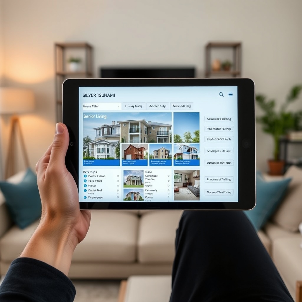 "An interactive real estate application displayed on a sleek tablet, held by a middle-aged person, symbolizing the 'Silver Tsunami' demographic. The screen shows a variety of housing options tailored for senior living, featuring advanced filter options like accessibility, proximity to healthcare facilities, and community services. The backdrop is a comfortable living room setting that incorporates a subtle, tech-savvy ambiance, emphasizing a blend of technology and ease-of-use for elderly users. The scene reflects sophistication and user-friendliness, appealing to both the elderly and tech-oriented real estate professionals."
