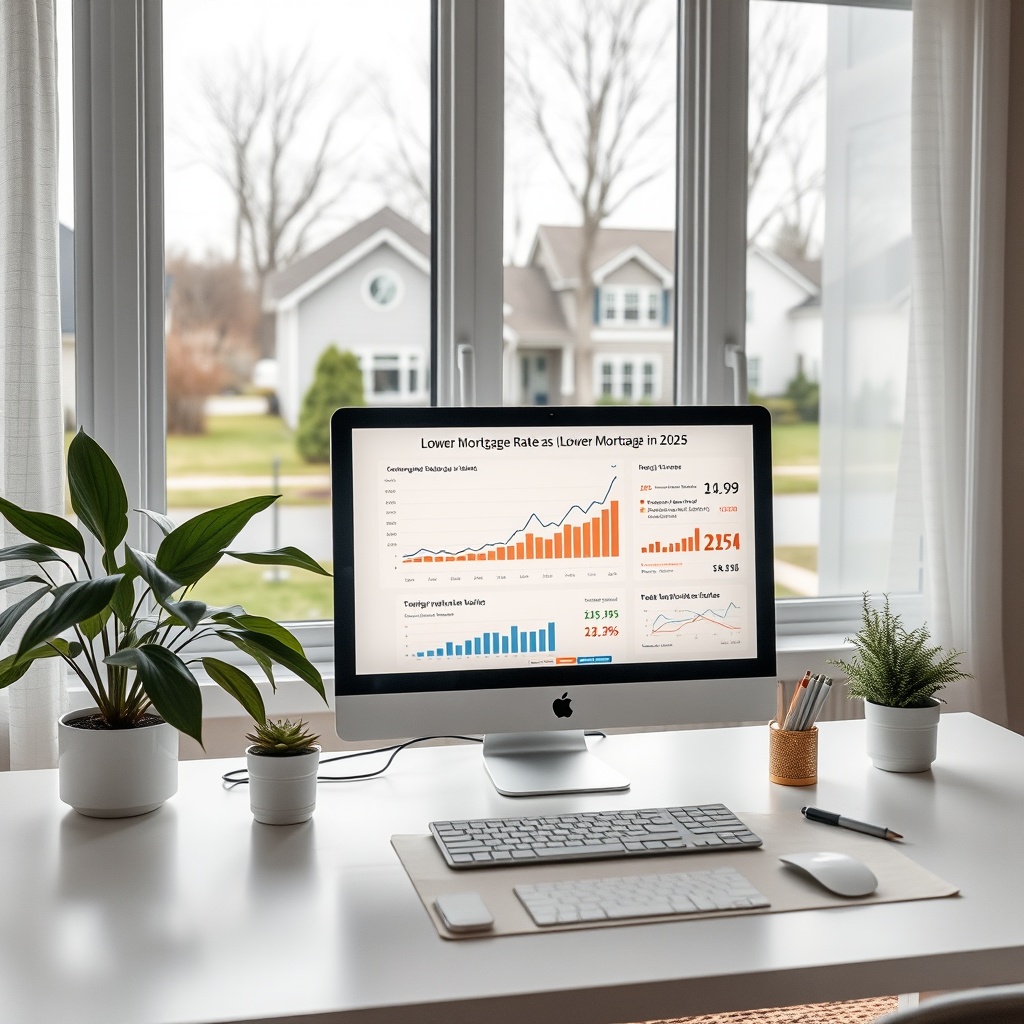 "A serene home office setup showcasing a sleek, modern computer displaying graphs and charts that analyze the impact of lower mortgage rates in 2025 on the real estate market. The office features a window view of a peaceful suburban neighborhood, hinting at potential real estate opportunities. The scene conveys a blend of calm and calculated business atmosphere, appealing to homebuyers and investors."