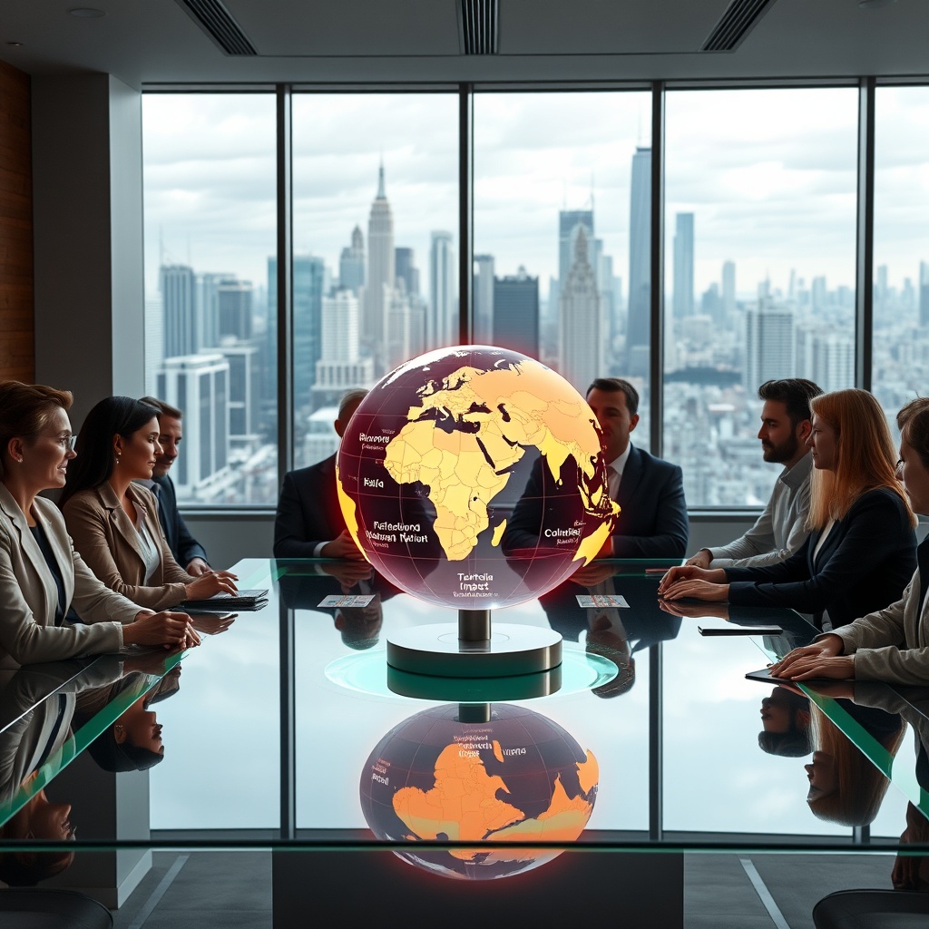 "A sleek, modern conference room scene featuring a diverse group of real estate professionals gathered around a high-tech, glass-top conference table. On the table, there is an interactive 3D holographic display showing a dynamic globe with various countries highlighted, representing areas affected by tariffs in real estate. Each country glows in different colors based on tariff impact levels. The room is outfitted with large windows showcasing a panoramic view of an evolving city skyline, symbolizing future growth and adaptation in the real estate market."