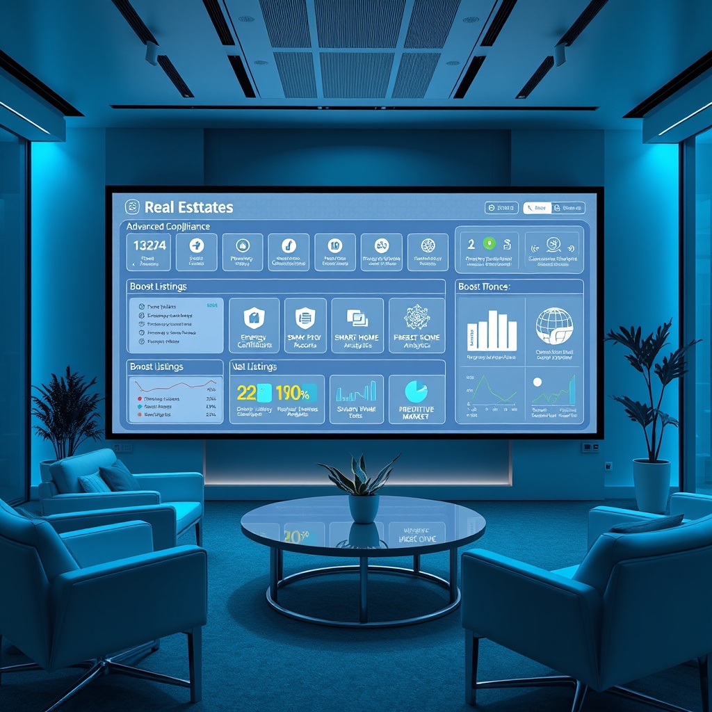 "A sleek modern office environment featuring a large, high-definition display screen showcasing a futuristic real estate software interface. The interface includes advanced compliance tools, highlighted sections for legal verifications, and interactive elements for boosting listings. Visible in this digital environment are futuristic icons for energy certifications, property history records, smart home integrations, and predictive market analytics. The scene conveys a sophisticated, technology-oriented workspace emphasized by minimalist furnishings and ambient blue and white lighting, reflecting an advanced and streamlined approach to real estate management."