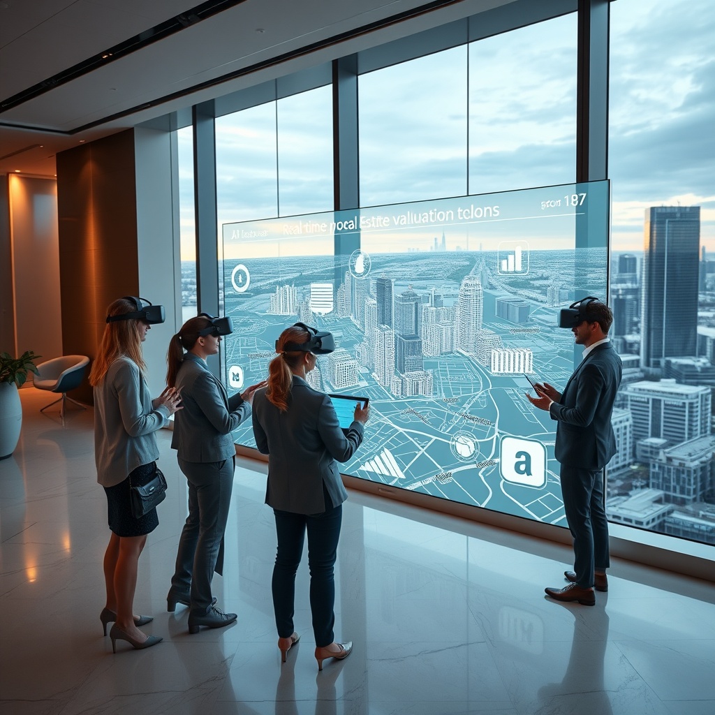 "An elegant, futuristic office with a large, transparent touchscreen display showing a dynamic 3D map of a cityscape. The map illustrates various cutting-edge real estate technologies like AI analysis tools, real-time property valuation overlays, and demographic trends. Around the screen, diverse real estate professionals engage with the data, using virtual reality headsets and digital tablets. The office is spacious and beautifully designed with glass walls, offering a panoramic view of a modern city skyline, embodying a forward-thinking, professional atmosphere."