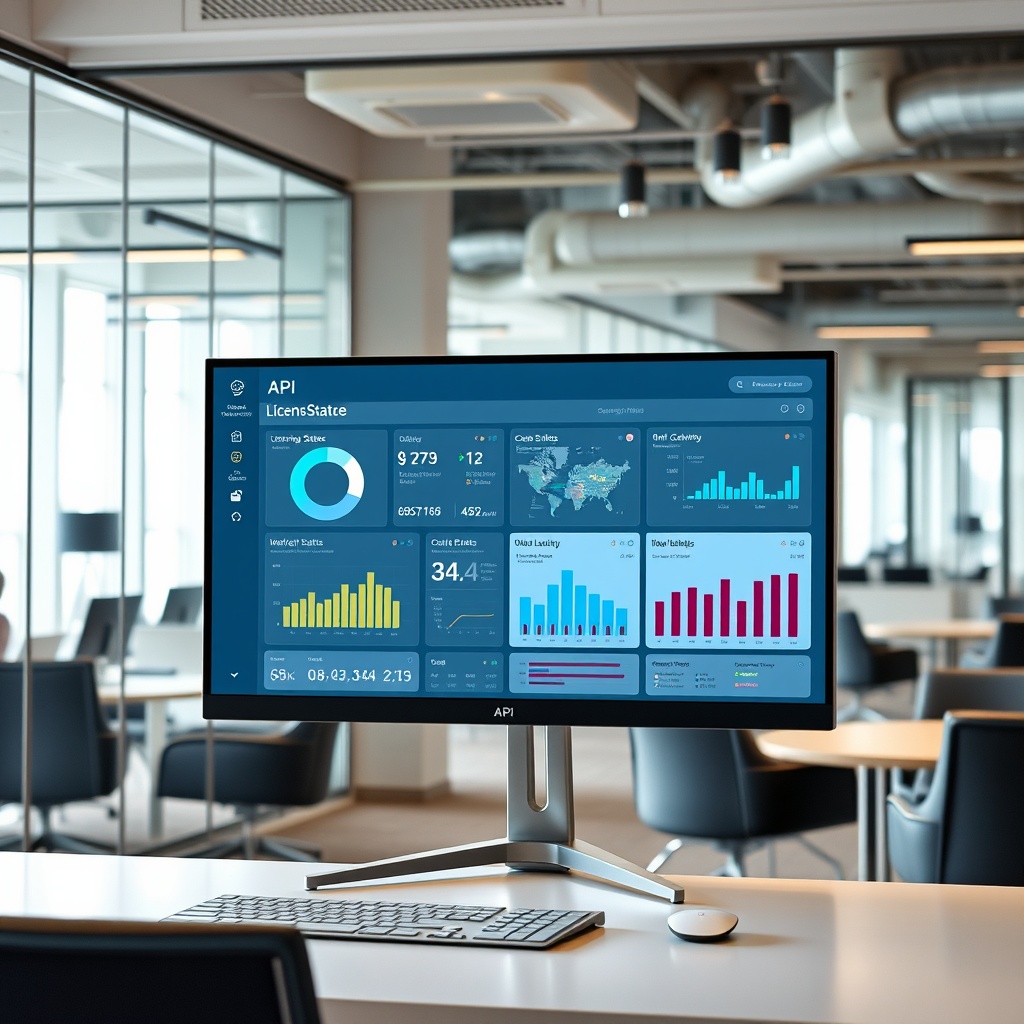 "A sleek and modern workspace featuring a large, high-resolution monitor displaying a sophisticated API dashboard. The dashboard shows interactive charts and widgets dedicated to real estate compliance metrics, such as licensing status, market analysis, and regulatory alerts. The background subtly hints at a bustling real estate office environment, filled with contemporary furniture and glass partitions, emphasizing a high-tech, professional atmosphere suitable for real estate executives and compliance officers."