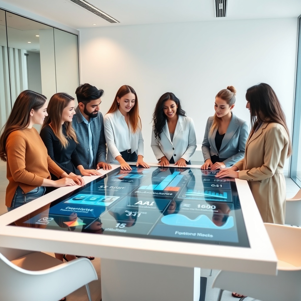 "A sleek, contemporary workspace featuring a young, diverse group of real estate professionals engaged in a discussion over a large digital touch screen table. The screen showcases an interactive real estate platform with advanced tech features like AI analytics, compliance checklists, and live data feeds of market trends. The room is well-lit, with minimalist decor and glass walls that suggest transparency and a forward-thinking approach in real estate."