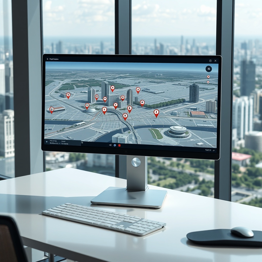 "A sleek workstation in a contemporary office environment, focusing on a stark, ultramodern monitor displaying an advanced real estate application. The screen shows a futuristic city map enriched with dynamic location data points including interactive icons for schools, bus stops, and futuristic transit systems like hyperloops or aerial taxis. The background of the office reveals a panoramic view of a city skyline brimming with smart buildings and green spaces, capturing a vision of urban development in 2025. This setup evokes a sense of cutting-edge technology and forward-thinking in real estate."