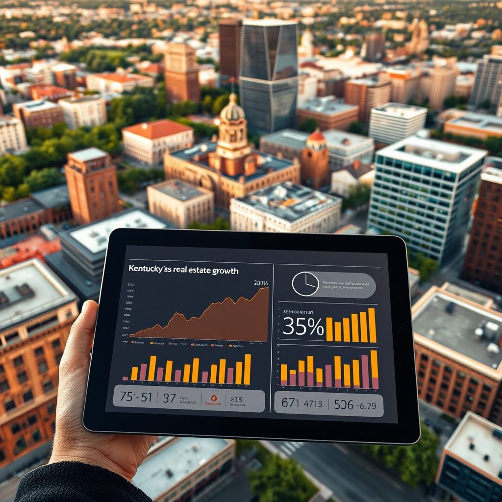 "An aerial view of a vibrant urban landscape in Kentucky, showcasing a mix of historic and modern architecture. In the foreground, a high-resolution digital tablet displays a dynamic real estate application, featuring interactive graphs and statistics highlighting Kentucky's real estate growth trends. The scene captures a business setting with a focus on blending traditional charm and futuristic technology, reflecting both resilience and innovation in the real estate market."