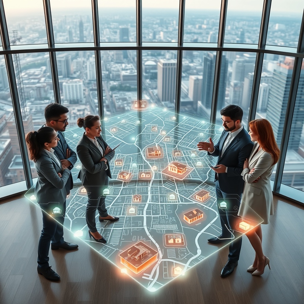 "A dynamic and engaging image portraying a modern urban planning office setting with wide, panoramic windows overlooking a bustling city. In the foreground, there's an impressive holographic display of a city map actively updating with real-time housing information. The map is dotted with digital tags representing different types of housing inventory such as apartment complexes, single-family homes, and under-construction sites, each differentiated by glowing colored icons. A professional-looking group of urban planners, both male and female and of diverse ethnicities, are strategically positioned around the display, interacting thoughtfully with the data using futuristic, touch-free technology. The setting radiates a sense of sophisticated problem-solving and future-focused planning, suitable for professionals and stakeholders in the real estate and urban planning sectors, ensuring the image is a perfect representation of innovative strategies for tackling housing challenges in 2025."