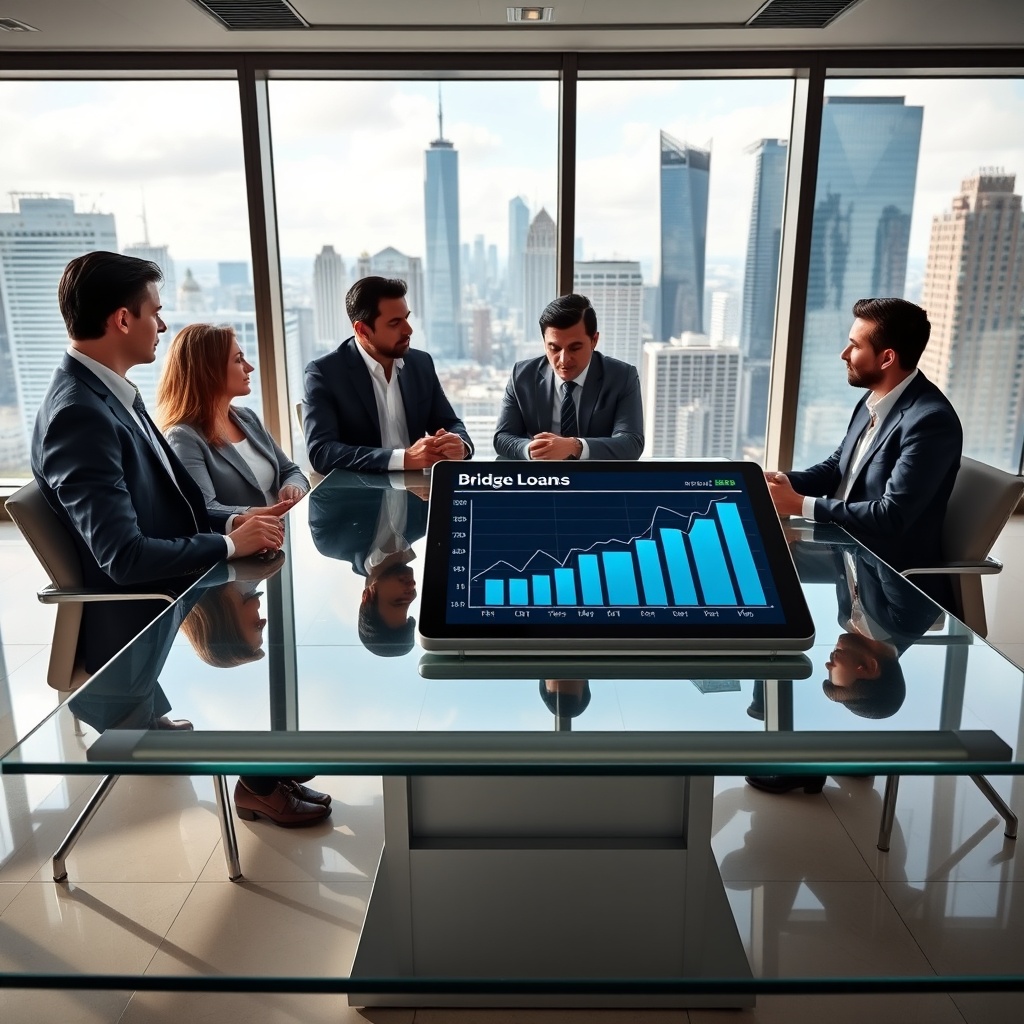"A sleek, modern financial office environment with a large, clear glass table featuring a high-tech digital tablet displaying an interactive graph of real-time real estate market trends and bridge loan statistics. Around the table, diverse professionals in suits are engaged in discussion, emphasizing collaboration and financial expertise. The office features views of a bustling city skyline through panoramic windows, symbolizing opportunity and growth in the urban real estate sector."