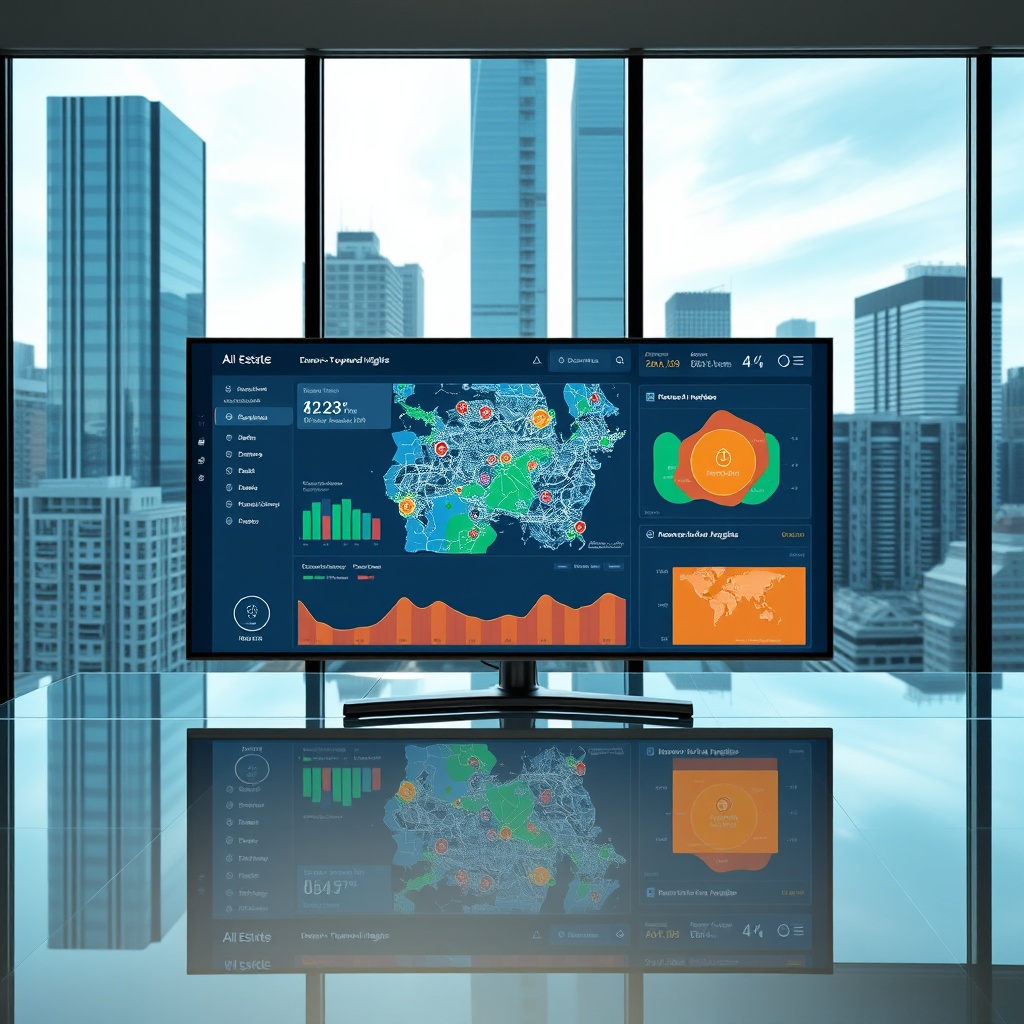 "A contemporary real estate office featuring a large, sleek monitor displaying an advanced AI-powered analytics dashboard. The dashboard showcases a dynamic map of an urban area with overlays of location insights such as demographic trends, property value spikes, and highlighted areas with high investment potential. The office is stylish with minimalist decor, glass surfaces, and a backdrop of tall city skyline views through a wide window, representing cutting-edge technology in real estate analysis."