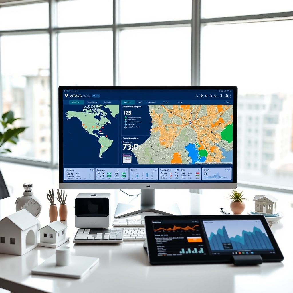 "A sleek, modern workspace showcasing a large, high-resolution computer monitor displaying the 'Vitals' real estate software interface. The screen features interactive maps enriched with data points showing demographics, property values, and recent sales. Around the desk are elements indicative of a tech-driven environment, such as smart home devices, architectural models, and a digital tablet with additional analytics. The background should convey a bright, professional office with large windows flooding the space with natural light, emphasizing a forward-thinking, successful atmosphere in real estate technology."
