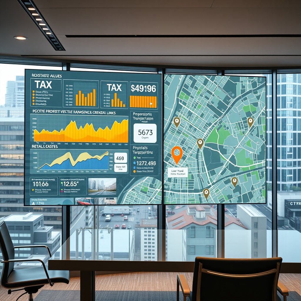 "A high-resolution image depicting a modern real estate office environment, featuring a large transparent screen displaying a mix of vivid tax graphs and a dynamic city map filled with location data points such as property values, schools, and transport links. The office has sleek, contemporary decor with a large window overlooking a bustling urban scene, emphasizing a connection between the analytical data tools and real world applications. The atmosphere should convey a sense of strategic insight and professionalism, appealing to real estate investors and financial advisors."