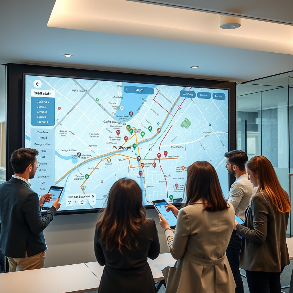 "A sleek, modern real estate office environment with a large digital display showing an interactive map of a city. The map is enriched with real-time data, featuring dynamic icons for various amenities like coffee shops, schools, and gyms, as well as transit options such as bus stops and subway stations. The scene includes a young, diverse group of real estate professionals gathered around, discussing the features on the screen, utilizing tablets and smartphones. The office is stylishly decorated to reflect cutting-edge technology and professionalism, with glass walls and soft indirect lighting to emphasize a forward-thinking atmosphere."