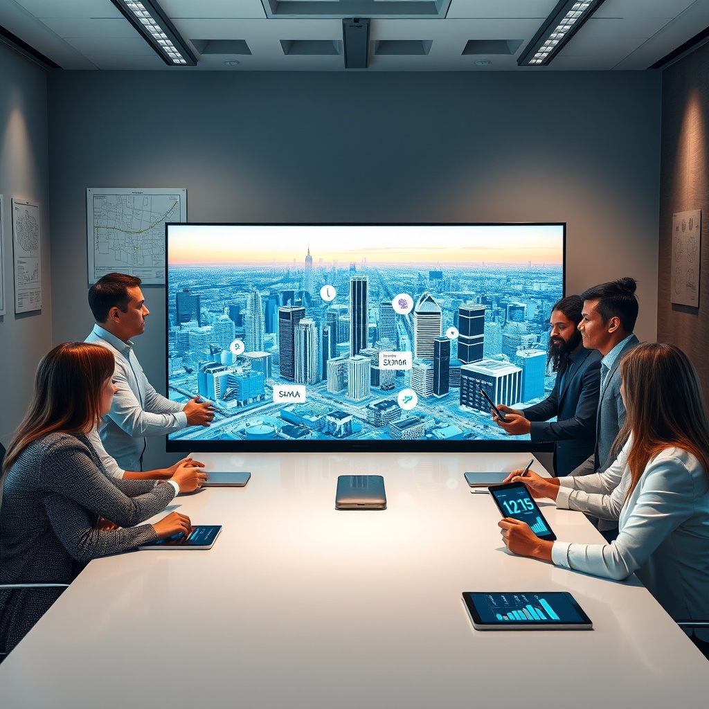 "A dynamic office setting depicting a group of diverse real estate professionals gathered around a sleek, modern conference table, discussing strategies with the aid of digital tools. The centerpiece is a large, high-resolution display showing a smart cityscape with overlays of zoning laws and tech integration points like VR tours and AI analytics. Subtle elements like a city blueprint on the wall and a digital tablet showing real-time market stats are also visible, suggesting a blend of political acumen and tech-savviness in real estate development."