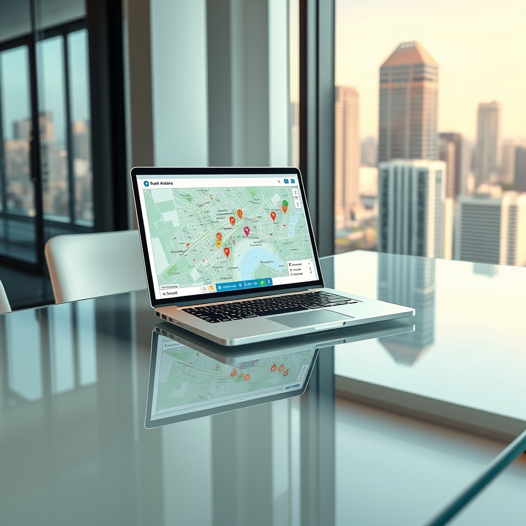 "A sophisticated office environment showcasing a wide, clear glass desk upon which rests a sleek, modern laptop displaying a detailed real estate analytics dashboard. The screen vividly shows a city map populated with dynamic, color-coded property markers, icons indicating schools, bus stops, and other amenities, directly relating to the strategic insights mentioned in the blog post. The backdrop features a large window revealing a vibrant urban skyline, symbolizing opportunity and growth in the real estate sector. This setting emphasizes a professional and innovative atmosphere tailored for a real estate focused audience."