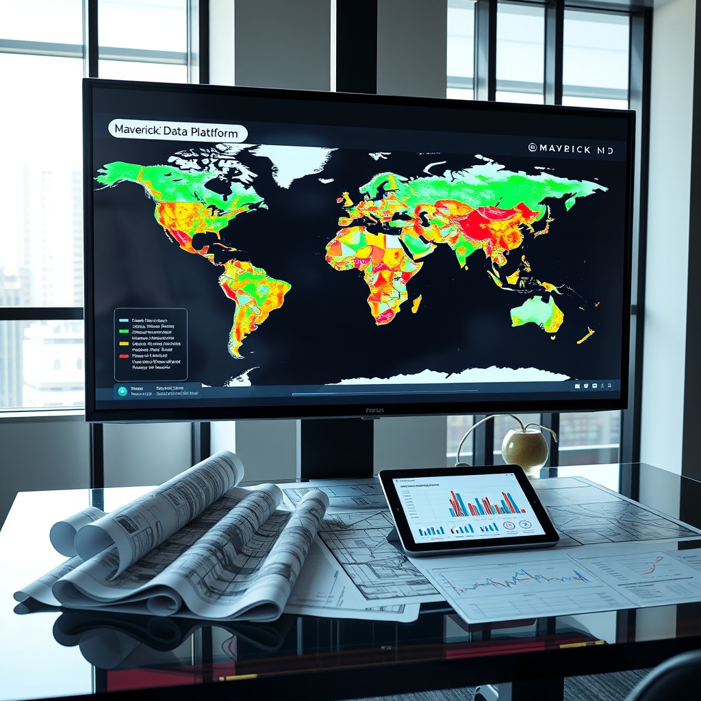 "A sleek, high-tech workspace showcasing a large, clear screen displaying Maverick's Data Platform for real estate. The screen vividly illustrates an interactive map dotted with dynamic, colorful heat maps showing real estate trends, growth zones, and investment hotspots. The desk, in a contemporary office setting, has architectural blueprints and a digital tablet showing graphs of market analytics. The ambiance reflects a blend of creativity and analytics, suitable for forward-thinking real estate professionals."