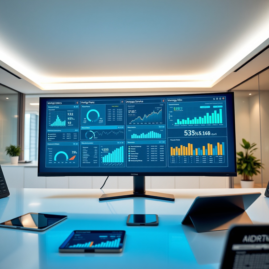 "An ultra-modern and minimalist office setting featuring a large, sleek monitor displaying an advanced mortgage servicing software interface. The screen vividly showcases various analytical tools, graphs monitoring mortgage trends, and dynamic data feeds that include real-time mortgage rate fluctuations and borrower profiles. The environment reflects cutting-edge technology with a clear, professional aura, incorporating elements like a high-tech workstation, digital tablets lying around, and subtle, indirect office lighting that emphasizes clarity and focus."