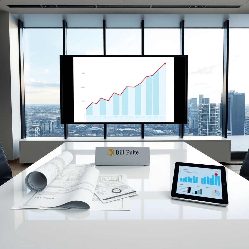 "An elegantly designed, modern office space depicting a large, bright screen showcasing a dynamic real estate growth graph. The background features a serene cityscape, subtly emphasizing urban expansion. On the desk, a stylishly placed nameplate reads 'Bill Pulte', complemented by architectural blueprints and a digital tablet displaying property analytics. The atmosphere conveys a sense of innovation and forward-thinking in the real estate sector."