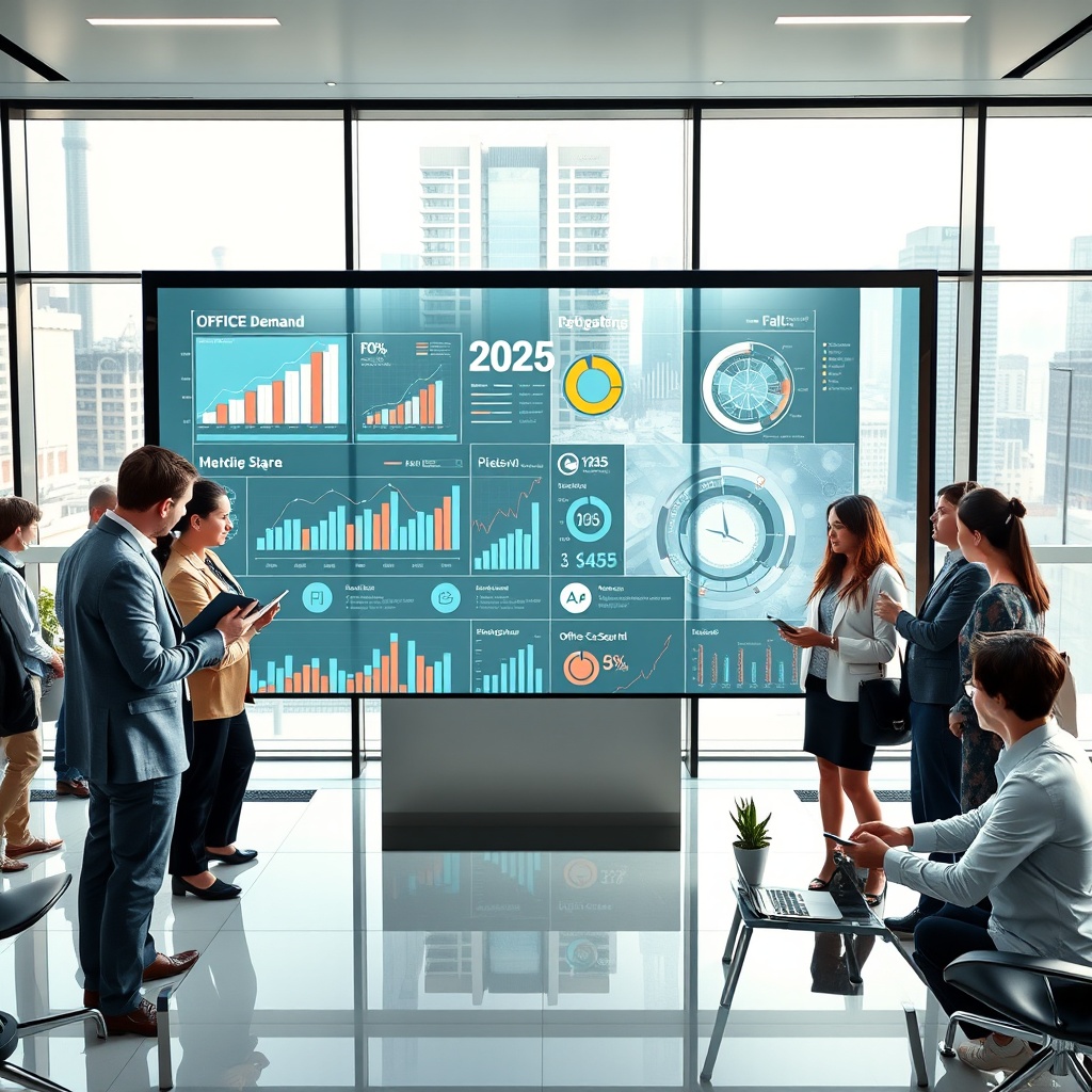 "A sleek, modern office environment bustling with activity, reflecting the surging office demand in 2025. The forefront features a dynamic, large touch screen displaying real-time data analytics, charts, and graphs that monitor office space utilization and market trends. Surrounding the screen are professionals of diverse backgrounds, engaged in discussion and using digital tablets and smartphones to interact with the data. The office is designed with high-tech furniture and large glass windows that offer a view of a busy urban skyline, symbolizing growth and technological advancement in a professional setting."