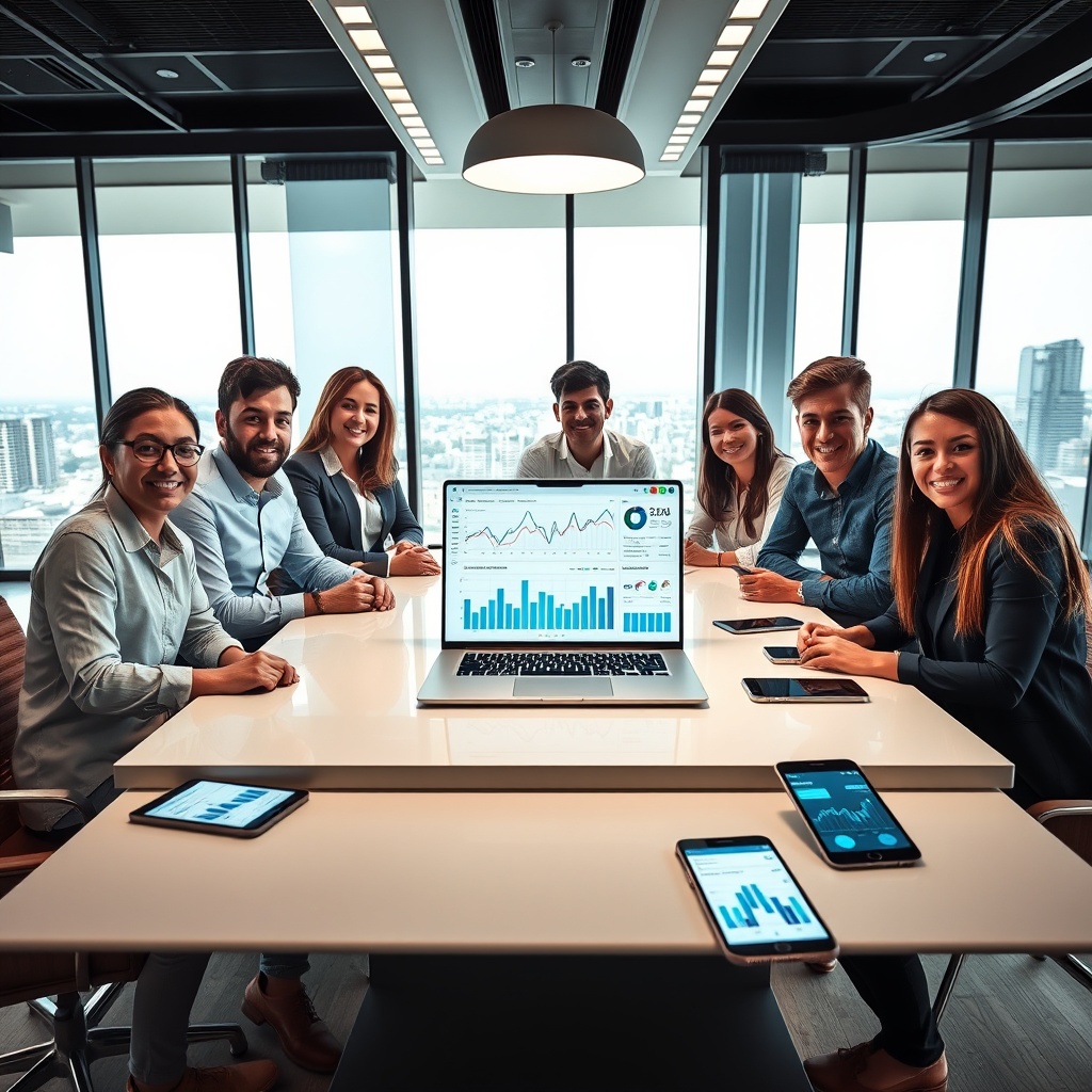 "A sleek, contemporary office setting featuring a young, diverse group of real estate professionals gathered around a large, modern table. On the table lies an open laptop displaying a dynamic digital dashboard, visibly showing graphs and charts related to real estate market trends and financial data. The scene includes technological devices like tablets and smartphones displaying more graphs, hinting at productivity and efficiency. In the background, through large glass windows, there is a panoramic view of a cityscape that subtly implies the market area of interest. The atmosphere is tech-driven and optimistic, clearly targeting an audience involved in modern real estate development and investments."