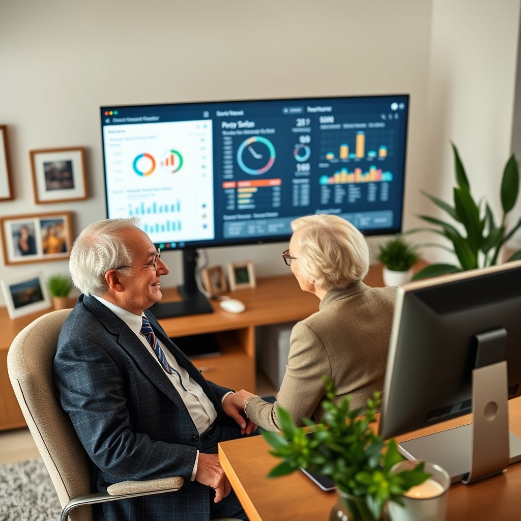 "An elderly couple, elegantly dressed and looking content, sitting at a contemporary, well-equipped home office. They are viewing a large monitor displaying user-friendly financial software that highlights the details of reverse mortgages in an easy-to-understand dashboard. The room is filled with subtle signs of cozy, secure living, such as family photos and houseplants, emphasizing a sense of trust and transparency. The style is realistic and warm to project comfort and accessibility."