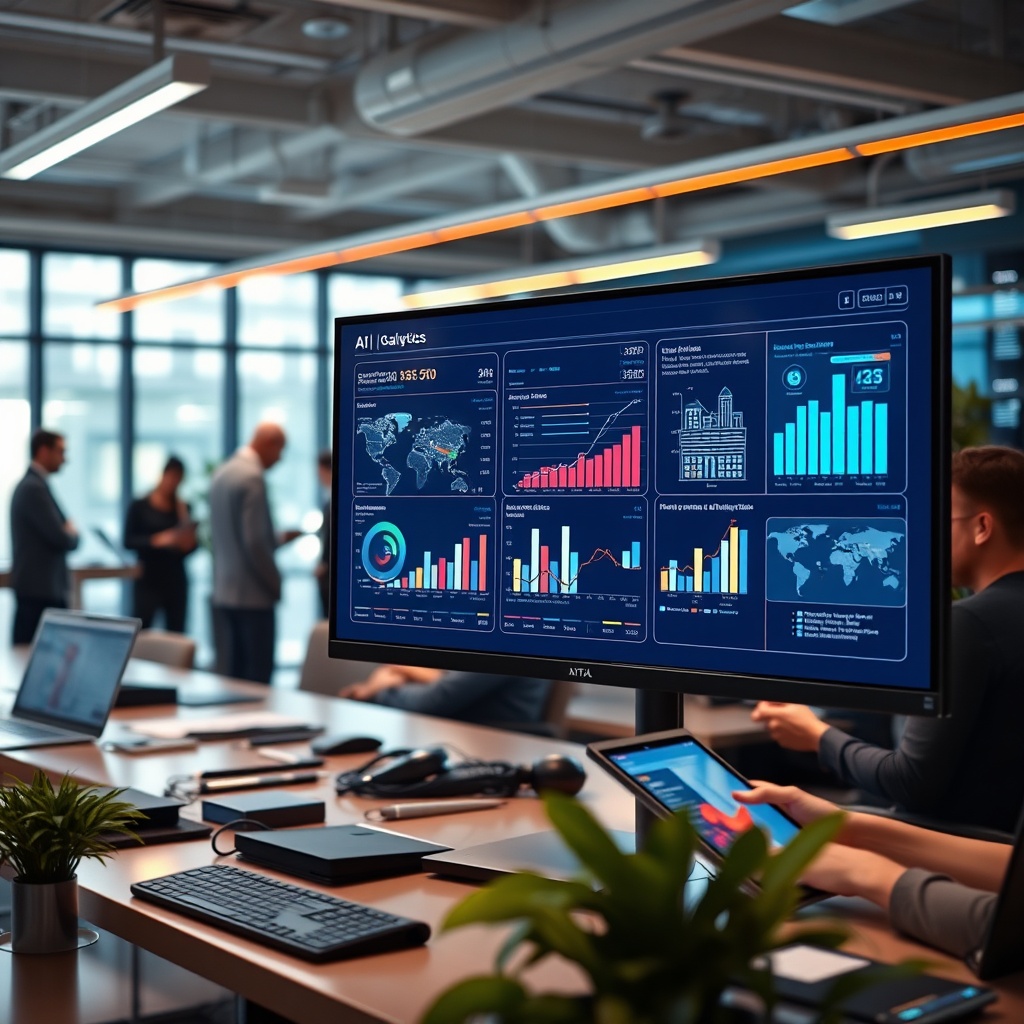 "A vibrant, modern workspace filled with advanced technology illustrating the AI-driven real estate environment. The foreground features a sleek, high-resolution monitor displaying a sophisticated AI analytics interface with dynamic graphs and data visualizations specific to real estate trends and predictions. In the background, a group of professionals collaborates over digital tablets, discussing strategic plans. The overall atmosphere is cutting-edge and professional, capturing a blend of innovation and expert collaboration."