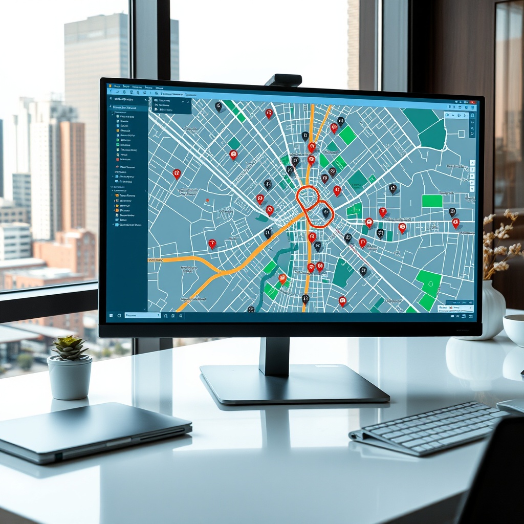 "A sleek and modern workspace featuring a large, high-resolution monitor displaying a cutting-edge real estate software interface. The interface shows a dynamic, interactive city map dotted with various icons representing properties, schools, and public transport options. The surrounding desk is clean, with minimalist decor, and through a nearby window, you can see a bustling cityscape that underscores the connection between real estate and location intelligence. The overall style is professional, with a touch of technological sophistication, appealing to real estate agents and urban planners."