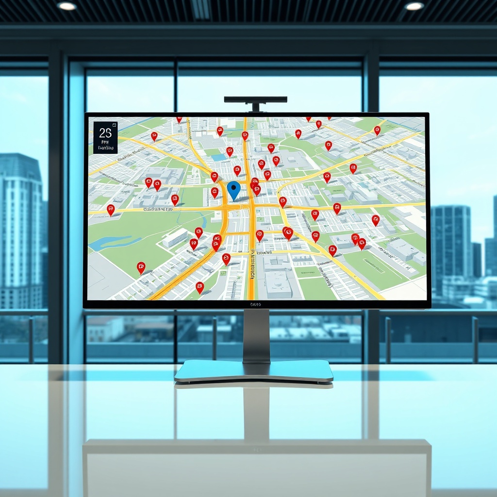 "A sleek, contemporary real estate office environment showcasing a large, clear monitor on a desk featuring a dynamic map application. The application displays a vibrant, detailed cityscape with distinctive icons for schools, bus stops, and train stations, and interactive property markers scattered across the urban layout. This setting illustrates a day in the life of a real estate professional who relies on advanced location data technology to optimize property searches and client consultations, reflecting forward-thinking and efficiency in the real estate market of 2025."