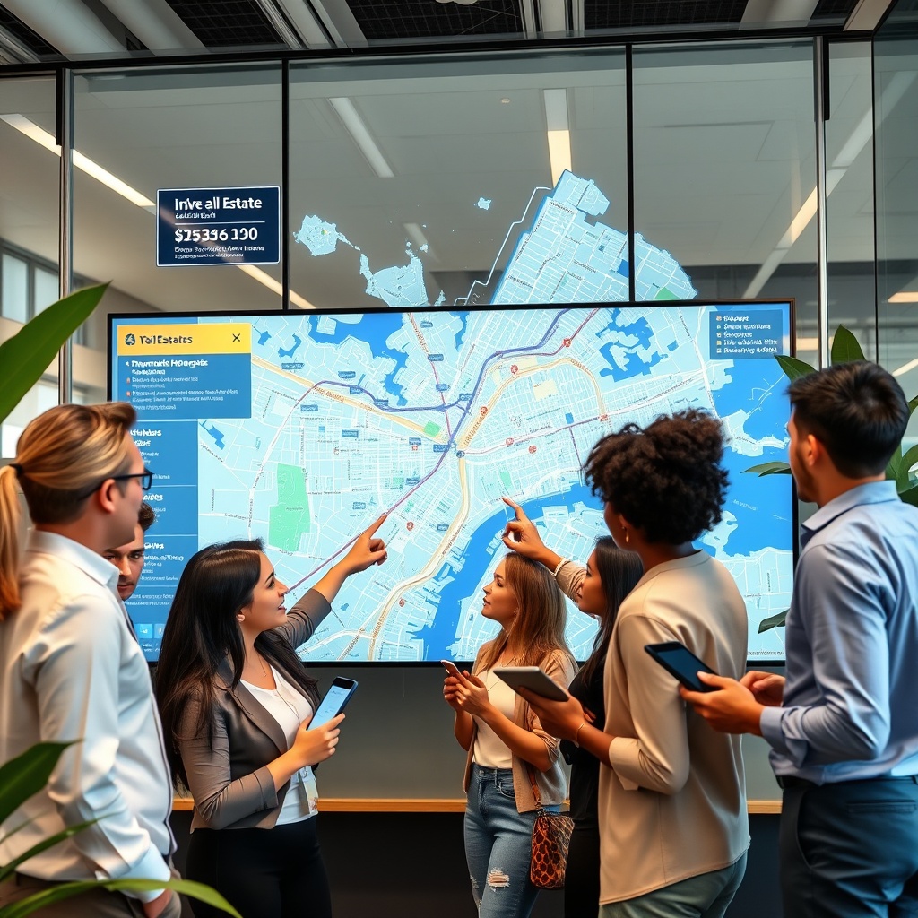 "A vibrant and modern real estate office environment, featuring a large digital screen displaying an interactive map of a city. The map is enriched with various data layers showing dynamic market trends, property hotspots, and infrastructure like roads, schools, and public transit systems. In the foreground, a young, diverse group of real estate professionals is engaged in discussing the data, pointing at the screen and using tablets to interact with live updates. The setting is sleek and professional yet welcoming, with glass walls and green plants to enhance the fresh, innovative vibe."