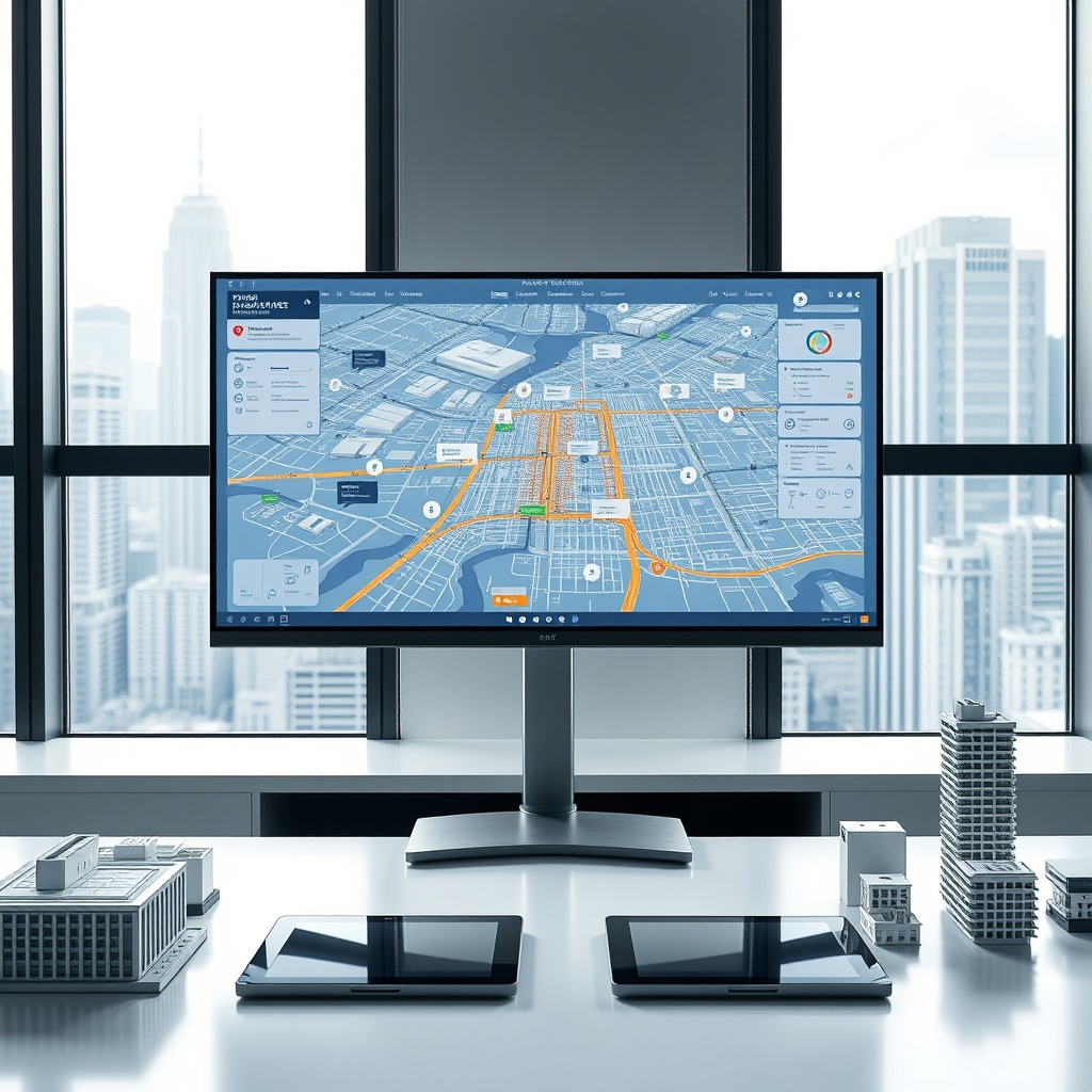 "A sleek, modern urban planning workspace, featuring a large, high-resolution monitor displaying a sophisticated real estate software interface. The screen shows a dynamic map of a city with overlaying tech icons for zoning changes, policy updates, and futuristic smart building technology. The surroundings include architectural models and digital tablets on a clean, minimalistic desk, bathed in soft, natural light from large windows overlooking the city skyline, embodying a blend of technology and urban development."