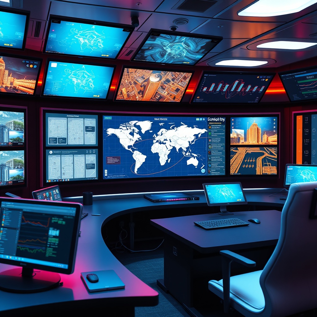 "A vibrant and futuristic control center filled with screens showing advanced real estate software. The central screen displays a dynamic map pinpointed with various property locations, enriched with data overlays such as demographic trends, economic indicators, and transportation links like bus and train stations. The environment reflects a high-tech office space, with ambient lighting and sleek, modern furniture, emphasizing a blend of technology and practicality tailored for real estate professionals. This scene symbolizes the convergence of technology and location data powering real estate market growth."