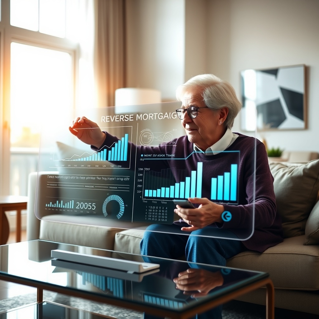"A vibrant and clean image of a senior couple in their stylish living room, interacting with a sleek, transparent digital interface that floats in front of them. This futuristic device displays graphs and interactive data about reverse mortgages, including trends and tech insights for 2025. The room is elegantly designed with contemporary decor, hinting at a comfortable, tech-savvy lifestyle. Soft daylight streams through large windows, casting a warm, inviting glow on the scene."