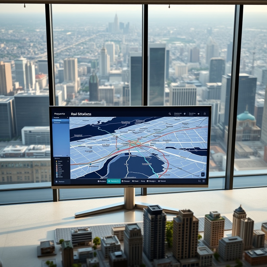 "A contemporary office environment featuring a large, sleek monitor displaying an advanced real estate platform. The screen shows a dynamic map pinpointing various real estate properties with enhanced details like demographic overlays, trend lines, and public transit routes. The background reveals a panoramic view of a bustling cityscape through floor-to-ceiling windows, suggesting a high-tech, forward-thinking approach. The foreground of the scene includes a series of miniature 3D models of urban developments, symbolizing planning and growth, effectively illustrating the innovative use of location data in real estate for 2025."
