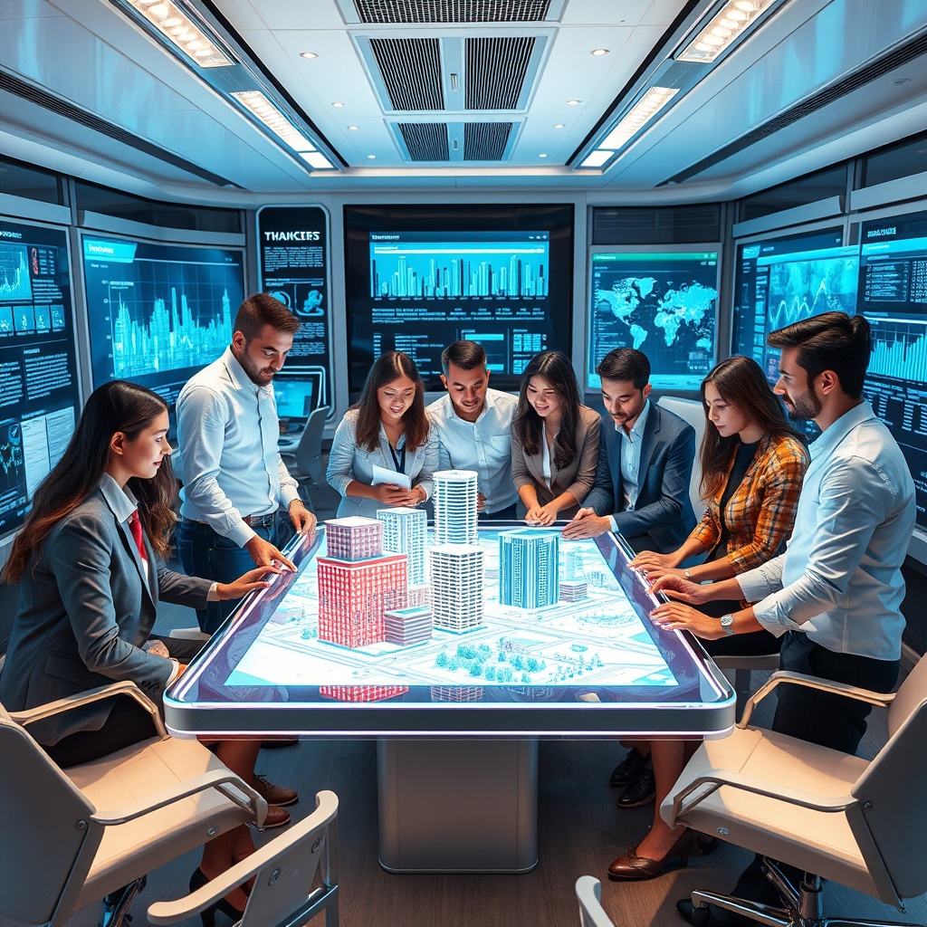 "A sleek, futuristic workspace featuring a young, diverse team of real estate professionals gathered around a holographic table displaying 3D models of urban real estate projects. The room is filled with high-tech gadgets like digital screens showing market analytics and innovative software platforms in use. The ambiance conveys a sense of cutting-edge technology and strategy, aimed at setting trends in real estate for 2025, intended to capture the essence of advancement and diversity in the field."