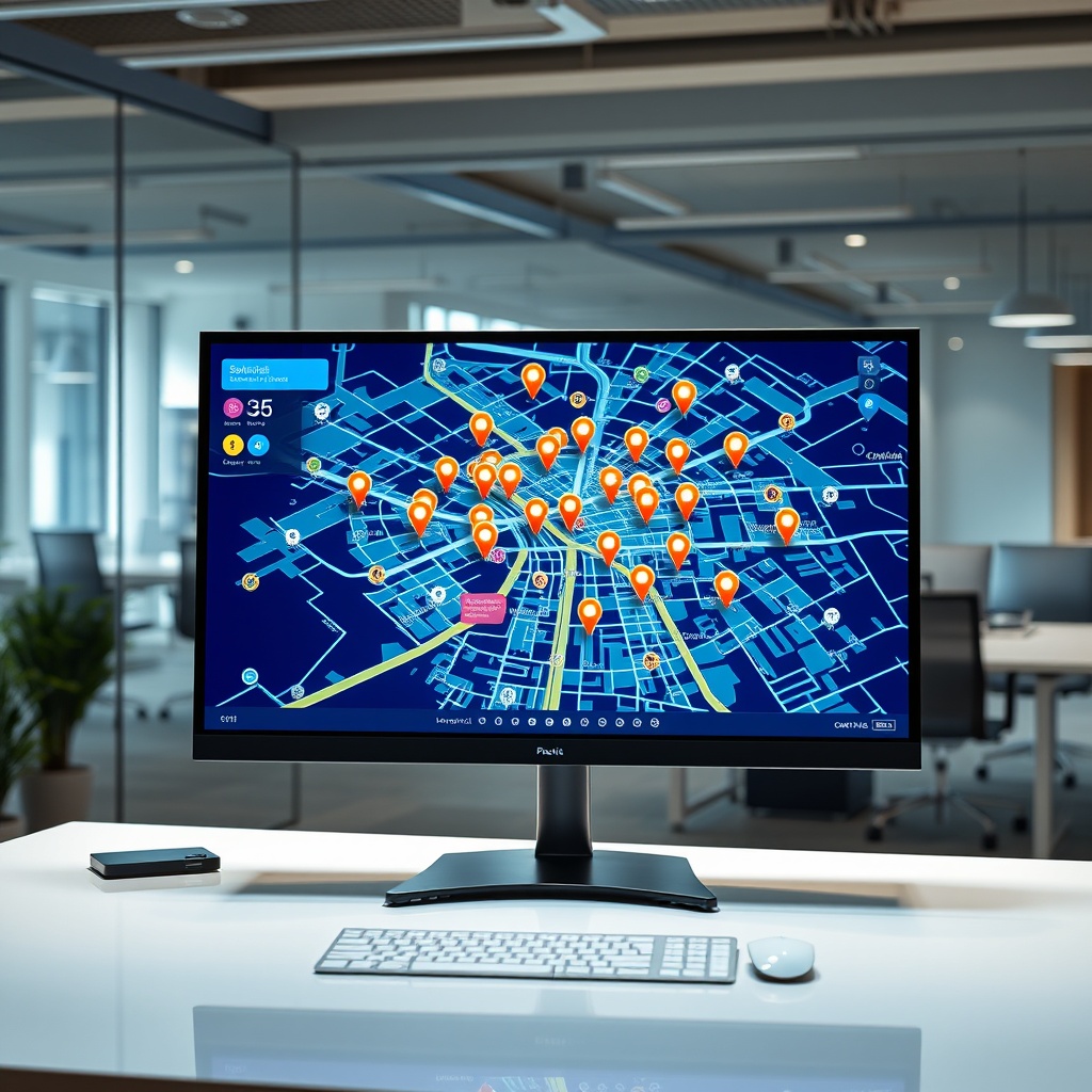 "A sleek, high-tech workstation in a modern office environment, featuring a large monitor displaying an advanced real estate mapping tool. The screen vividly showcases a dynamic, interactive city map that highlights various real estate properties using glowing pins. Prominent landmarks like schools, bus stops, and train stations are marked with distinct, easy-to-identify icons. This setup conveys a sense of cutting-edge technology and precision, aimed at real estate professionals looking to leverage innovative location data for market analysis and growth in 2025."