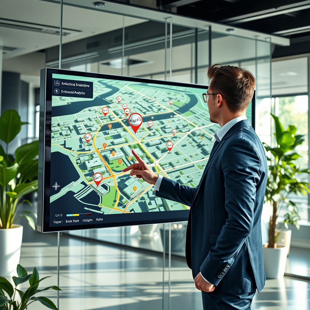 "A high-tech real estate office scene featuring a large, sleek digital display that shows an interactive real estate map bursting with enriched data points. The map displays a dynamic, 3D city view with hovering icons for schools, bus stops, and properties highlighted with advanced analytics. In the foreground, a professional real estate agent, dressed smartly, interacts with the display using a futuristic touch interface. The office is modern, filled with glass surfaces and green plants, and bathed in soft, natural light, conveying a sense of cutting-edge technology and professionalism in real estate."
