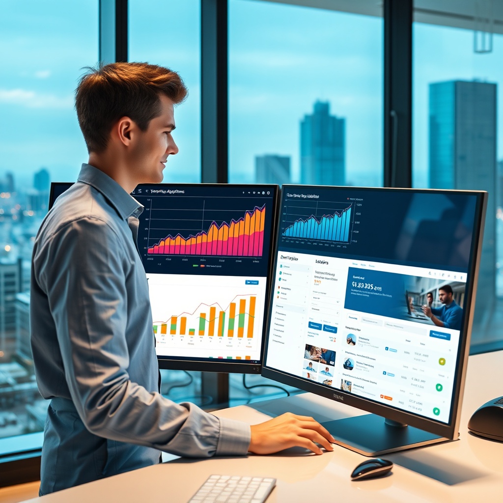 "A sleek, high-tech workspace depicting a young, professional real estate analyst using a double-screen computer setup. The primary screen displays cutting-edge Dynamic Pricing Algorithms (DPA), showcasing vibrant, animated graphs and fluctuating pricing models in real-time. The secondary screen reveals a sophisticated web platform for real estate listings, highlighted with advanced search filters and real-time data feeds of market trends. The background features an urban skyline visible through large, glass office windows, symbolizing growth and modernity. The ambiance is bright and forward-thinking, embodying a blend of technological innovation and efficiency in the real estate sector."
