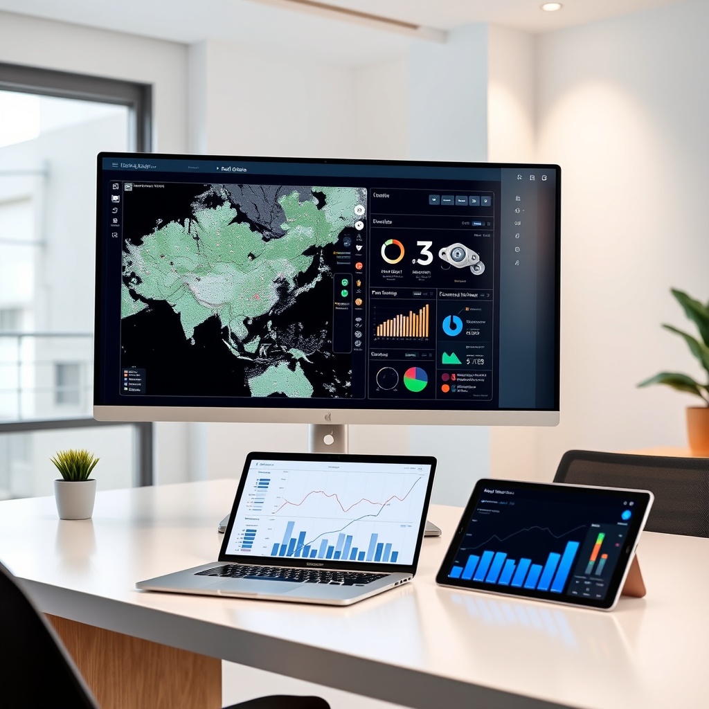 "A modern, well-lit workspace with a sleek, large monitor displaying an advanced real estate analysis dashboard. The screen shows a dynamic map densely populated with various data points including market trends, demographic overlays, and economic indicators. The desk is tidy, featuring minimalistic decor with an emphasis on technology, including a high-end laptop and a digital tablet showing graphs of real estate growth. The background conveys an atmosphere of innovation and professionalism, aiming to appeal to real estate investors and tech-savvy professionals."