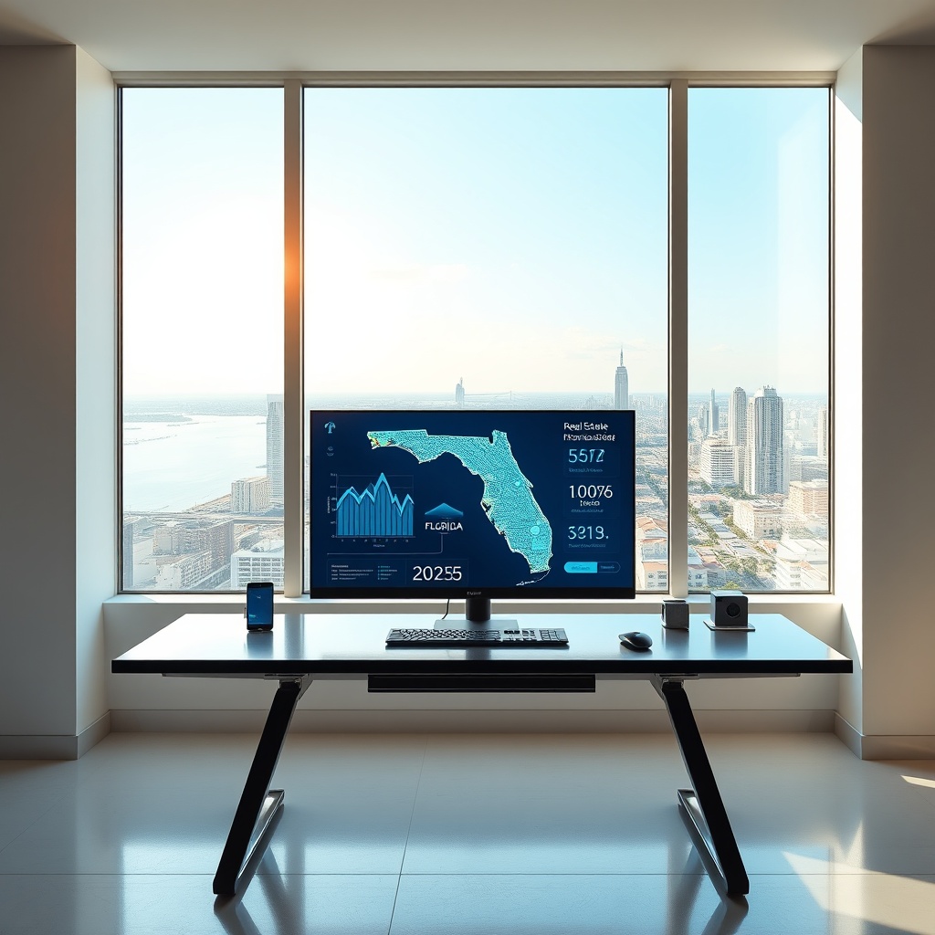 "A minimalist yet high-tech office space with a sleek, modern desk featuring a high-resolution monitor screen displaying futuristic real estate software. The screen shows the Florida housing market with interactive 3D maps, glowing property boundaries, and dynamic charts forecasting market trends up to 2025. Outside the window, a panoramic view of a bustling Florida city skyline illustrates the market in question. The room is styled with subtle hints of luxury, denoting success and forward-thinking in the real estate business. Bright sunlight streams through the windows, casting a warm, inviting glow over the high-tech tools used for enhancing real estate investment decisions."