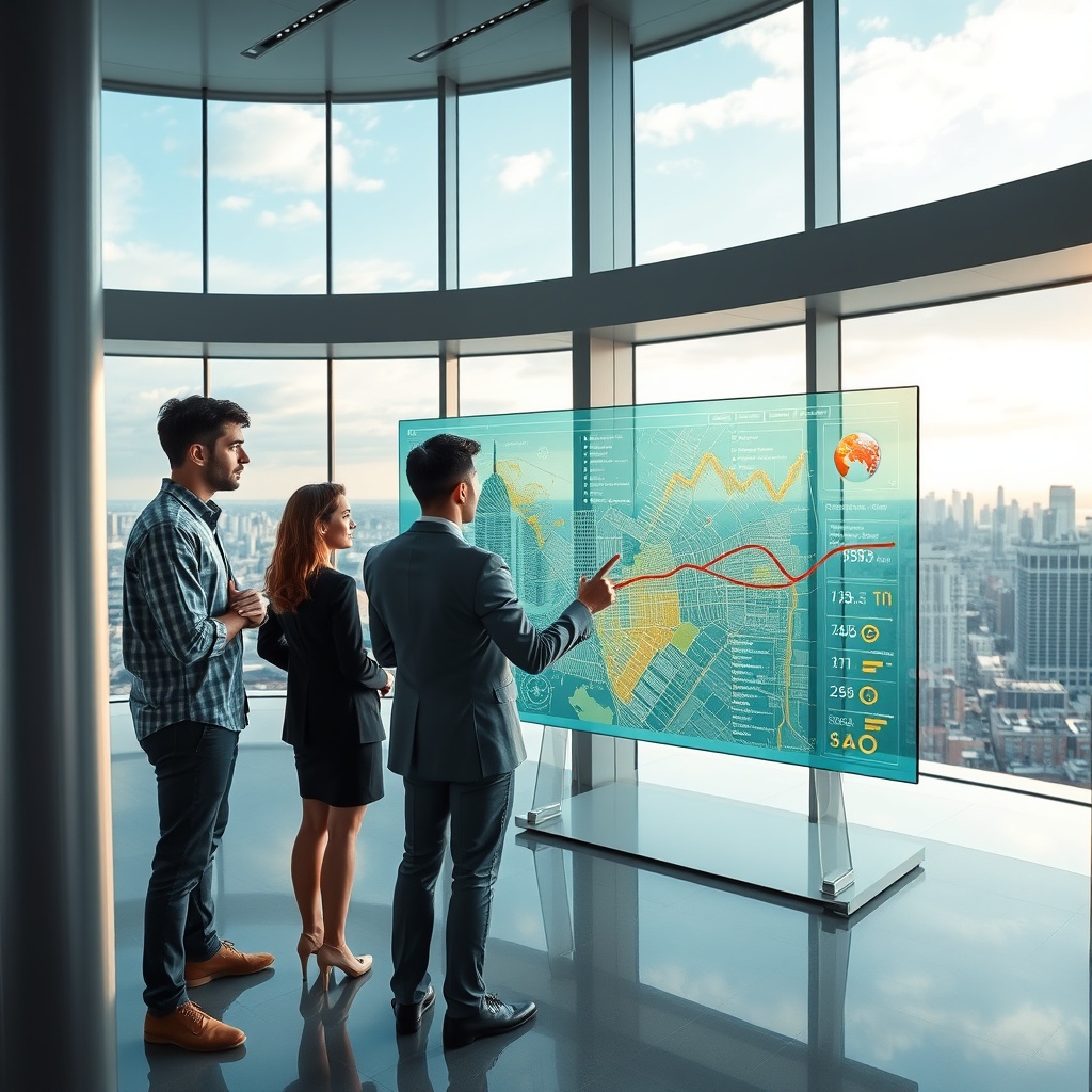 "A forward-looking, high-tech scene of a sleek, modern real estate office where a young, diverse group of professionals is gathered around a large, transparent touchscreen. On the screen, an interactive city map displays advanced tech tools, highlighting real-time location data, flood zones, demographic statistics, and connectivity ratings in various districts. The office boasts panoramic views of a bustling city skyline, underscoring the urban focus of their real estate ventures. This setting embodies a blend of innovation, collaboration, and cutting-edge technology, catering to a sophisticated audience of real estate entrepreneurs and tech-savvy investors."