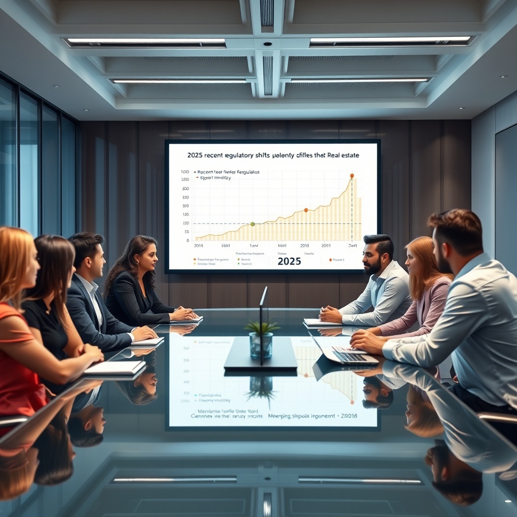 "A forward-thinking, high-tech boardroom scene featuring a diverse group of real estate professionals engaged in a strategic meeting around a sleek, glass table. On the digital screen visible in the background, an animated graph dynamically displays the impact of recent regulatory shifts on the real estate market, with points of interest indicating emerging technology opportunities like blockchain and AI analytics in 2025. The room is well-lit, modern, and reflects a professional but innovative atmosphere, emphasizing a focus on the future of real estate technology."
