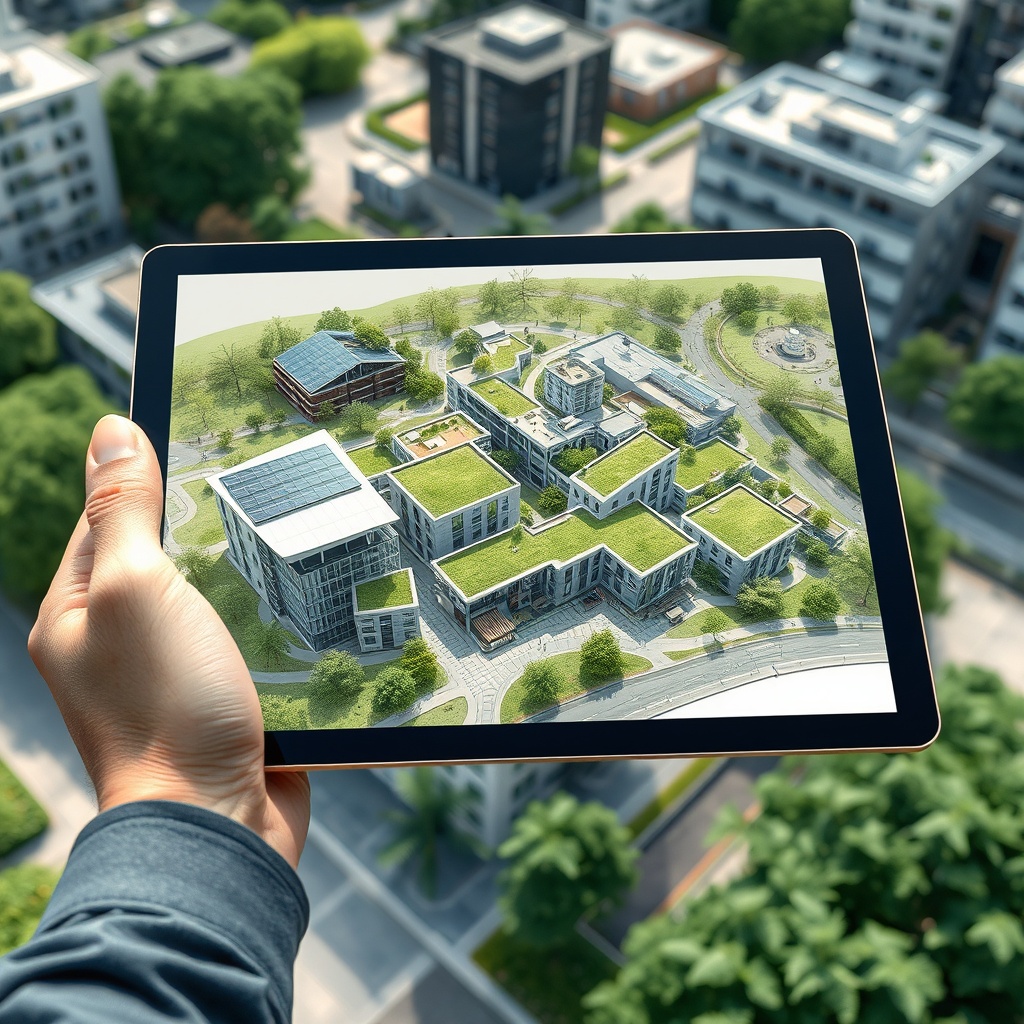 "A cutting-edge, eco-friendly urban development plan displayed on a digital tablet held by an architect or urban planner. The image shows a blend of green rooftops, solar panels, and advanced drainage systems integrated into a resilient cityscape. The setting is an outdoor urban planning area with visible elements of sustainable architecture and lush greenery around, emphasizing innovation and environmental consciousness in real estate development."