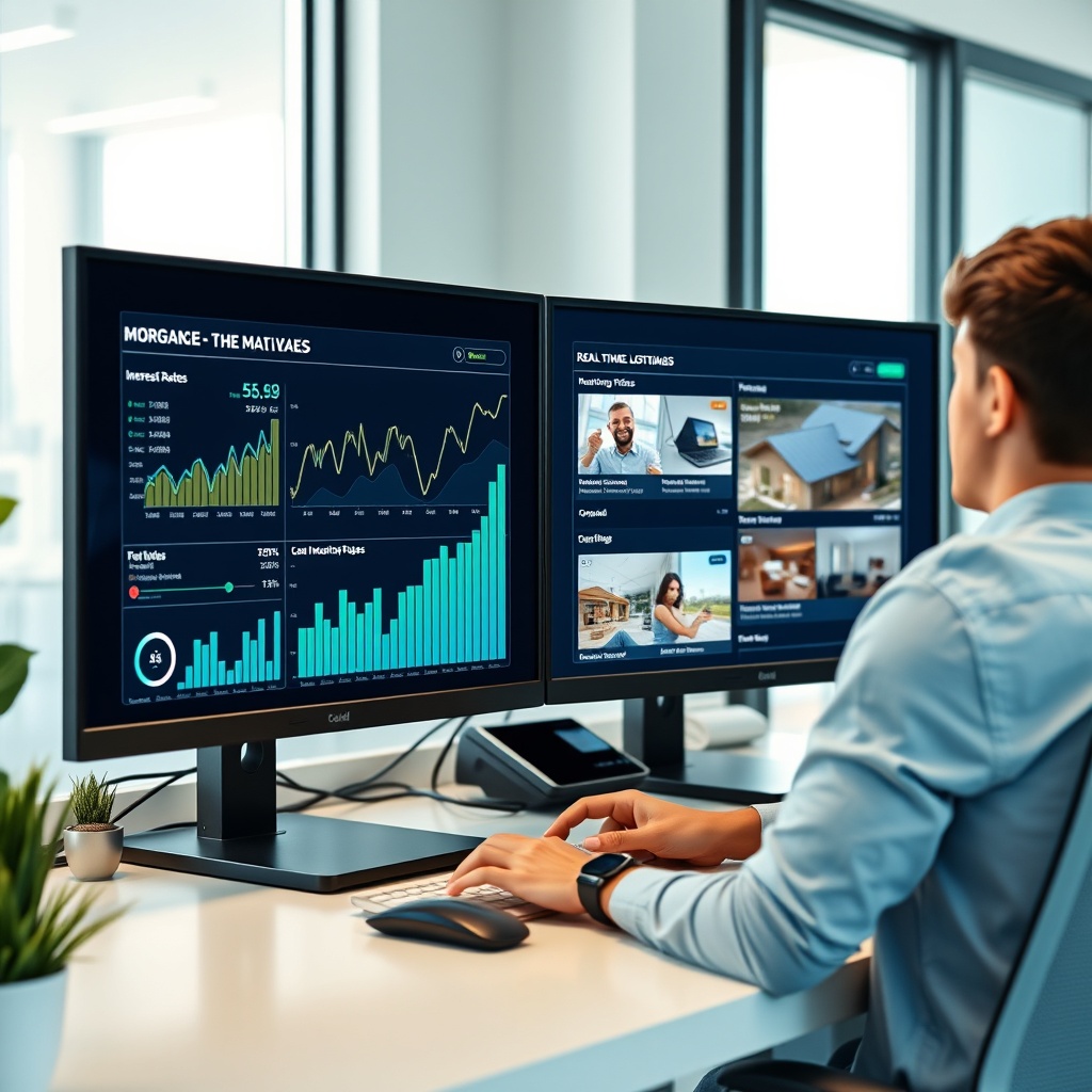 "A forward-looking technology workspace featuring a young professional analyzing mortgage trends on a dual-screen setup. One screen displays dynamic, interactive mortgage analytics software, showing graphs of interest rates, housing prices, and loan approval rates. The other screen shows real-time real estate listings, with highlighted features like low-interest mortgages and high-demand areas. The desk is well-organized, with a modern, bright office environment suggesting efficiency and cutting-edge technology. The overall atmosphere is clean, sleek, and professional, crafted to appeal to real estate professionals seeking technological solutions for maximizing mortgage success."