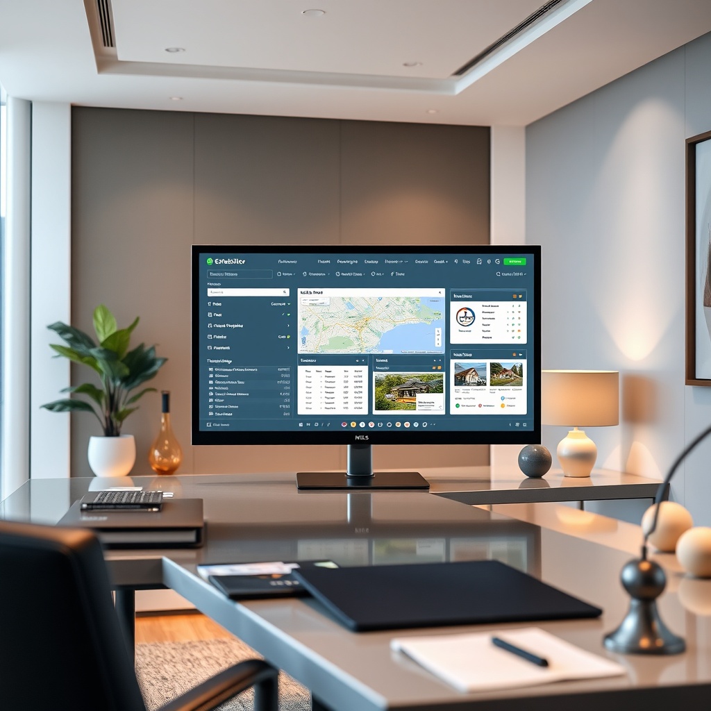 "A sleek and sophisticated real estate agent’s office, featuring a large, high-resolution monitor on a desk displaying an advanced MLS (Multiple Listing Service) interface. The screen shows a variety of exclusive tools such as interactive maps, property analytics, and custom search filters. Surrounding the desk are modern furnishings and decor, conveying a sense of professional elegance. The scene is well-lit with ambient light that highlights the technological focus and exclusivity of the tools used by top-tier real estate professionals."